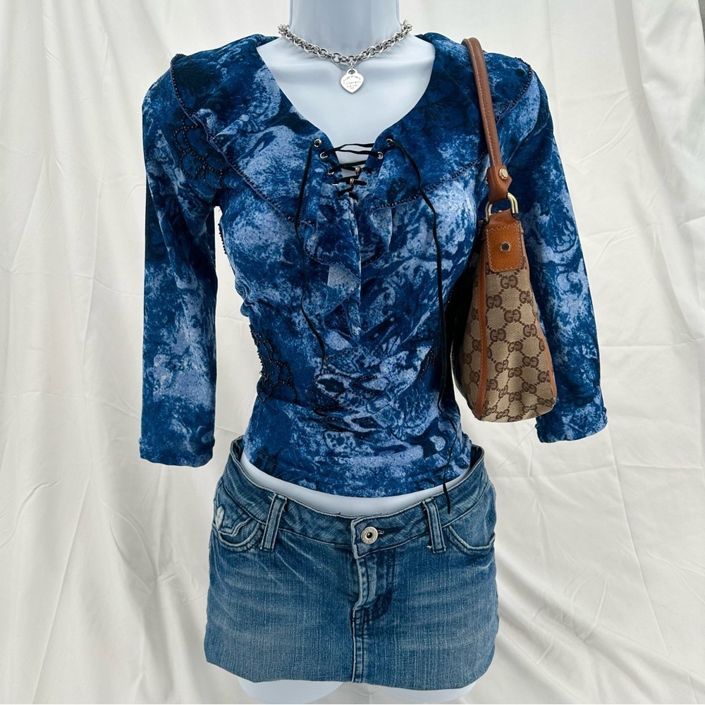 Whimsical Euro Style Y2K Blue Floral Beaded Lace Up 3/4 Sleeve Blouse